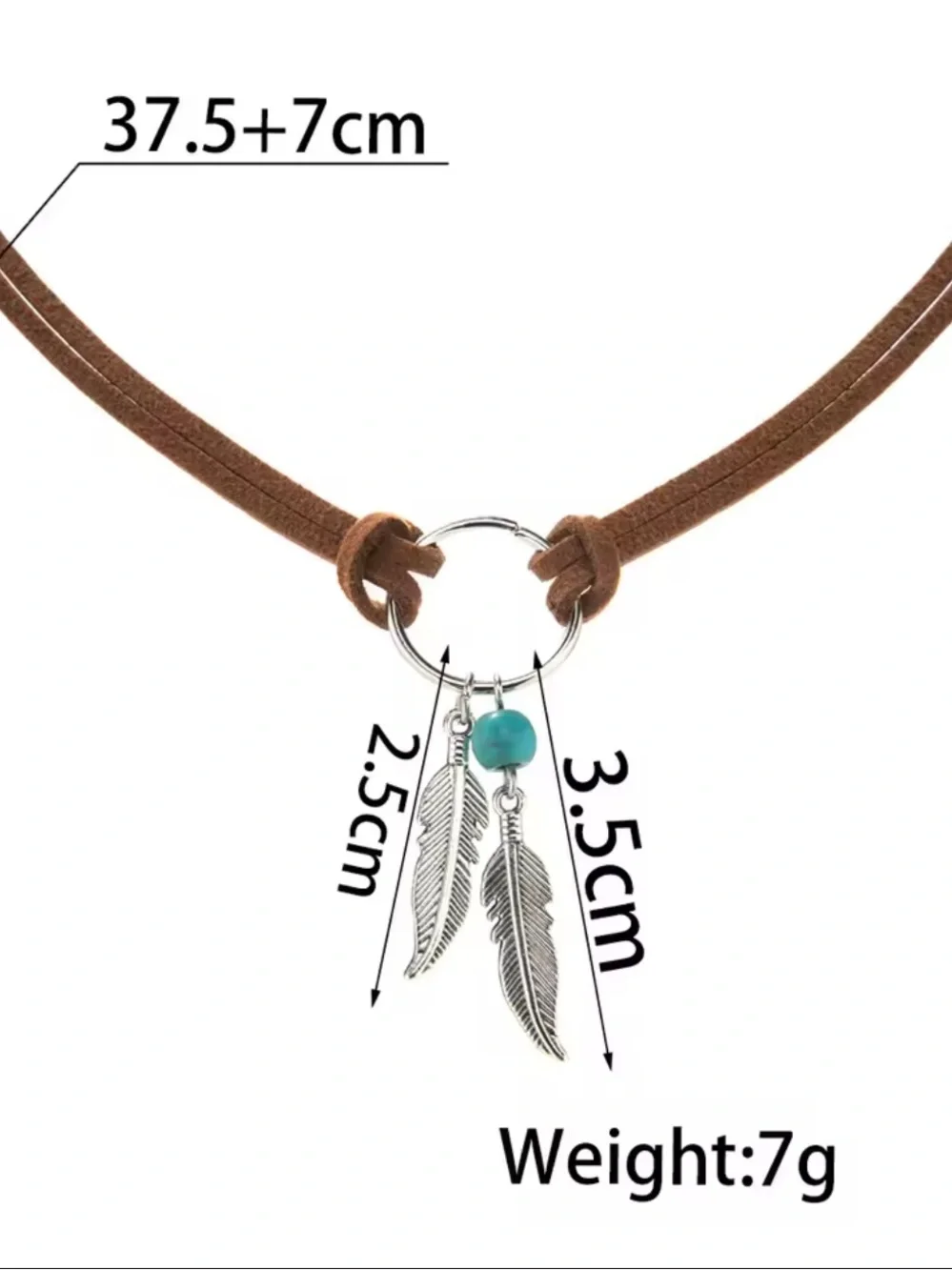 Boho Brown Leather Choker Necklace with Turquoise Bead and Feather Charms - Picture 5 of 5